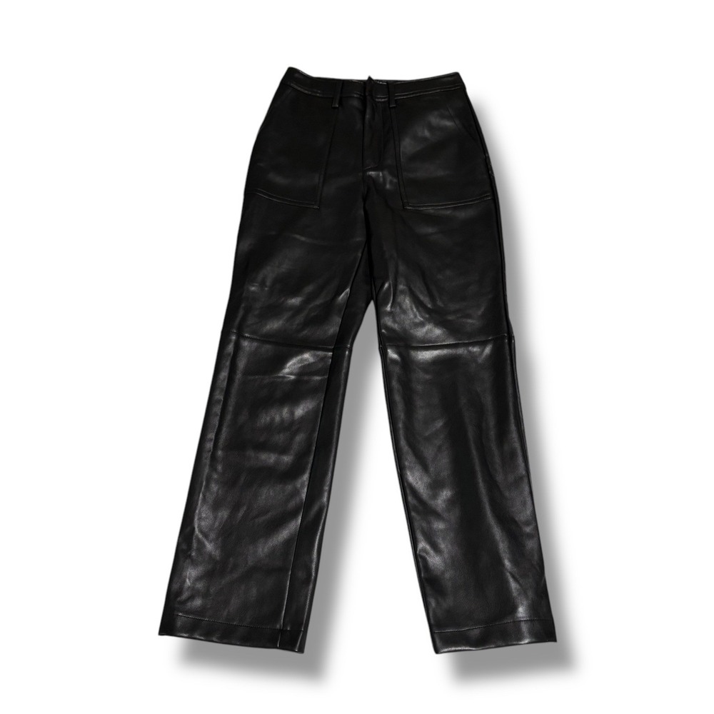 7 For All Mankind Women's Black Faux Leather Pants Straight Leg Size XS 24 x 26